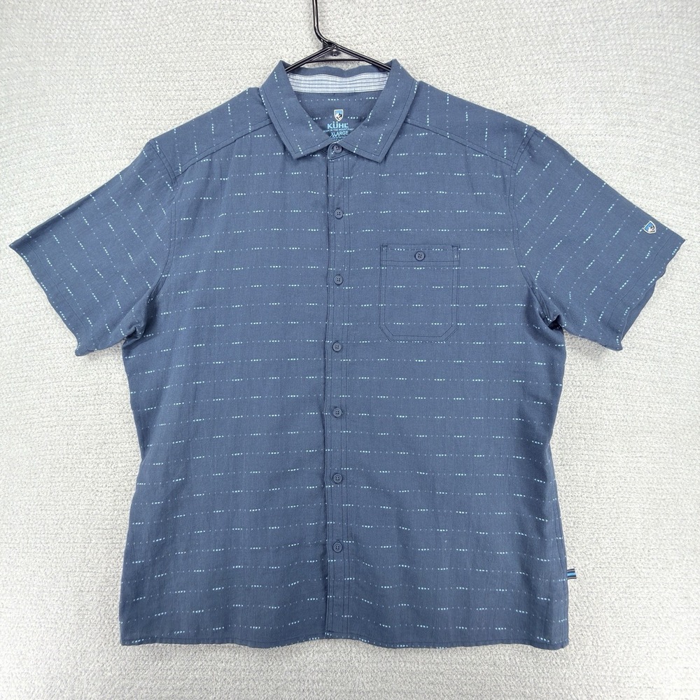 Kuhl Intrepid Scorpio Shirt Mens XL Blue Geometric Linen Blend Short Sleeve Hike